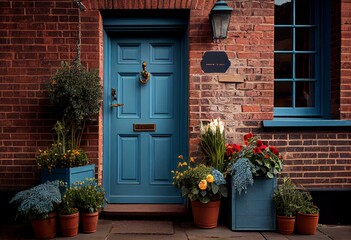 Fototapeta na wymiar blue front door of house in large brick house with flowers in pots. Generative AI