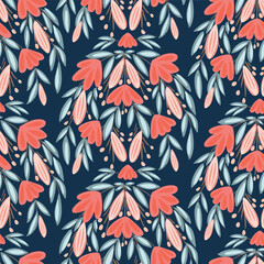 Little solid flowers swaying in the wind downwards forming a chandelier pattern in pink, coral, peach and navy. Great for home decor, fabric, wallpaper, gift wrap, stationery, and design projects.
