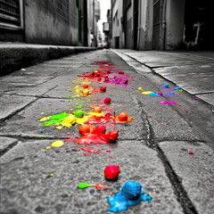 red and white chalk on asphalt, color splash