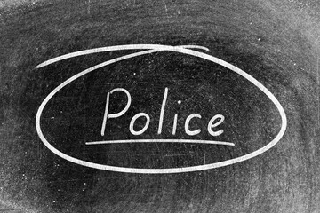 White chalk hand writing in word police and circle shape on blackboard background
