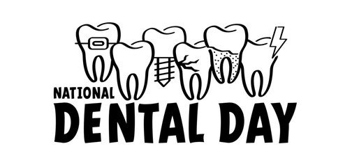 National or world dental day, dentists day. Cartoon healthy, tooth with gums. Vector drawing icon. Damage teeth or tooth with caries. Cracked tooth, mouth and dental, damaged. 