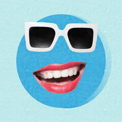 Contemporary art illustration collage. Female mouth and lips and sunglasses in abstract blue pattern in halftone and grunge style background with copy space. Creative design