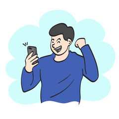 line art man wear blue pullover holding smartphone rising fist with happiness illustration vector hand drawn isolated on white background