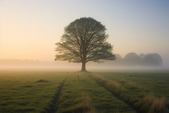 a lonely tree, open fields and woodlands , misty morning in the morning