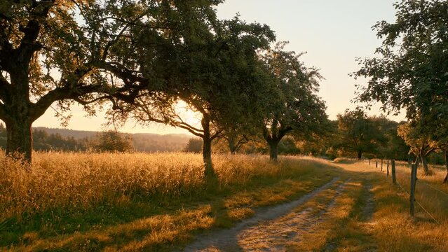 Rural landscape with the morning sun behind trees on a meadow, moving backwards along a path
