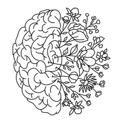 Mental Health, Floral Brain, Brain with Wildflowers. Vector illustration.