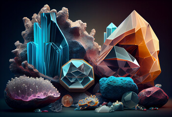 An abstract, surrealist  Crystals and geodes background. Generative AI technology.
