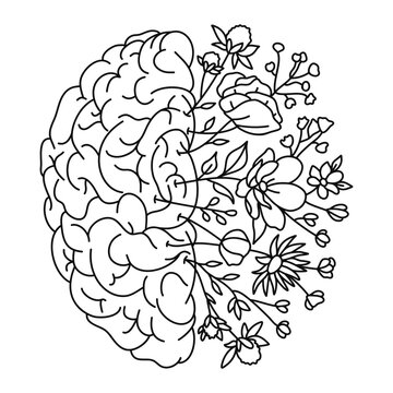 Mental Health, Floral Brain, Brain with Wildflowers. Vector illustration.