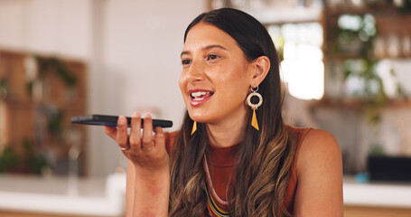 Cafe woman, phone or voice recording in busy coffee shop for social media, communication or...