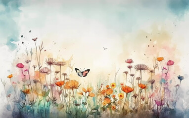 watercolors painting of flowers on a meadow