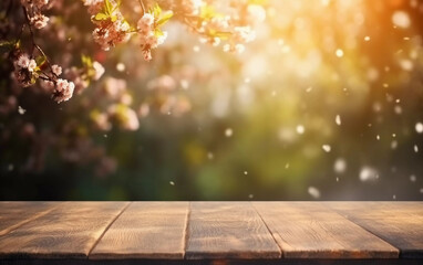 Naklejka na ściany i meble Wooden desk with a blurred background of a garden and cherry blossoms