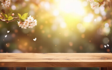 Wooden desk with a blurred background of a garden and cherry blossoms
