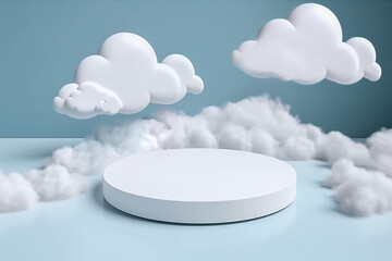A white round podium in front of clouds and a blue sky. generative ai