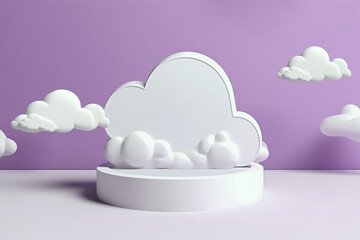 A cute cloud shaped object with a white podium and a purple background. generative ai