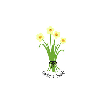 thanks a bunch hand drawn flower graphic thank you message. illustrated bunch of smiling yellow flowers thankyou order invoice image