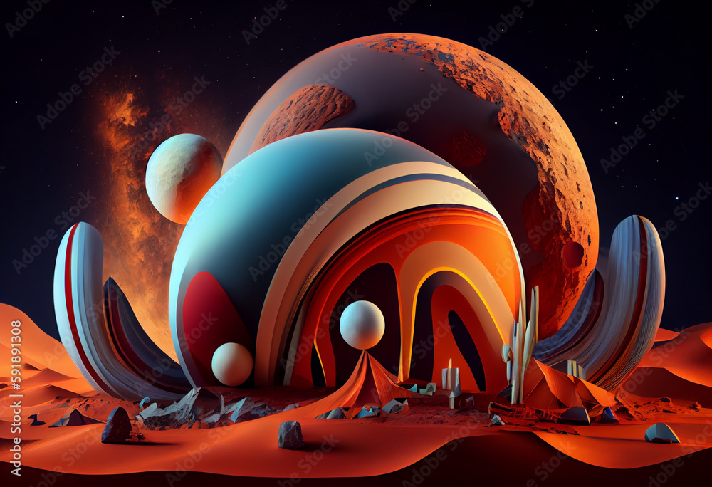 Fototapete beautiful abstract, surrealist mars and its moons background. generative ai technology.