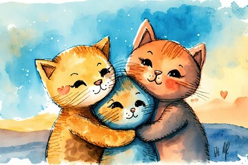 two cats cuddling and hugging each other in a watercolor painting. Generative AI