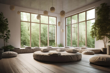 A peaceful image of a meditation room: The image could show a quiet room with people sitting on cushions and meditating. Muted color palette to create a sense of tranquility. Generative AI