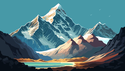 Mountain peak Everest. The highest mountain in the world. National Park, Nepal. Vector illustration. - obrazy, fototapety, plakaty
