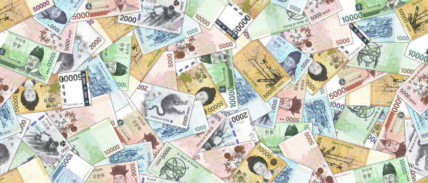 Financial Korean wide illustration. Seamless pattern. Randomly scattered paper banknotes of South Korea, denomination of 1000, 2000, 5000, 10000, 50000 won. Wallpaper or background.