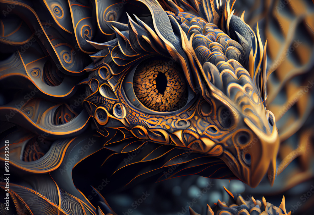 Leinwandbilder A complex, multi-layered pattern of interlocking shapes that resembles a Dragon face. Generative AI technology.	

