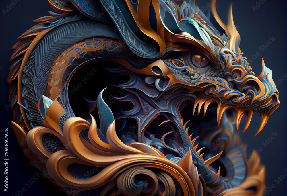 Leinwandbilder A complex, multi-layered pattern of interlocking shapes that resembles a Dragon face. Generative AI technology.	
