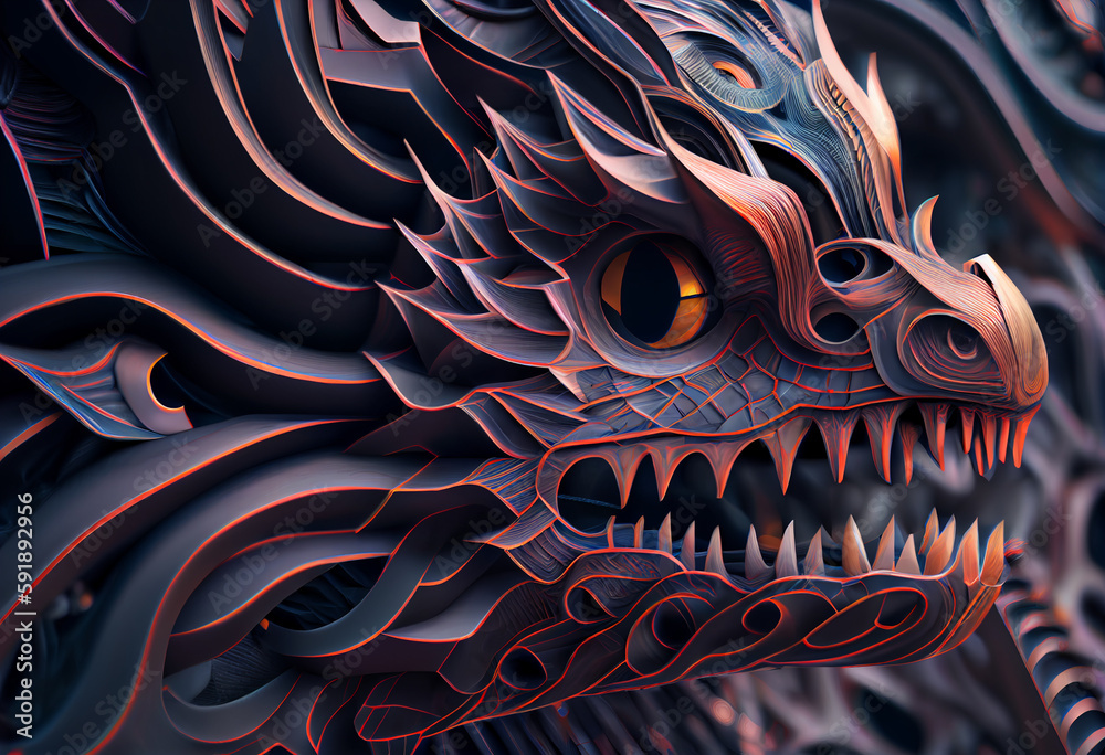 Leinwandbilder A complex, multi-layered pattern of interlocking shapes that resembles a Dragon face. Generative AI technology.	
