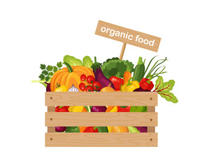 wooden box with vegetables, organic food