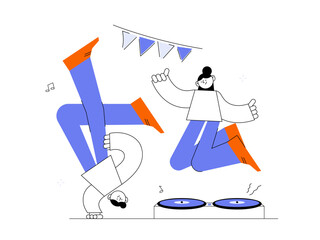 Happy danced people. Excited student characters, happy teenagers and joyful people jumped together, happy jumping. Modern outline vector illustration.