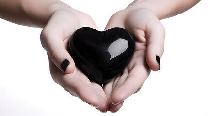 Obraz premium Black heart in hands, white background. Generative AI