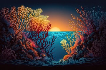Obraz na płótnie Canvas serene ocean sunset painting. Generative AI