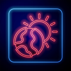 Glowing neon Planet earth melting to global warming icon isolated on black background. Ecological problems and solutions - thermometer. Vector