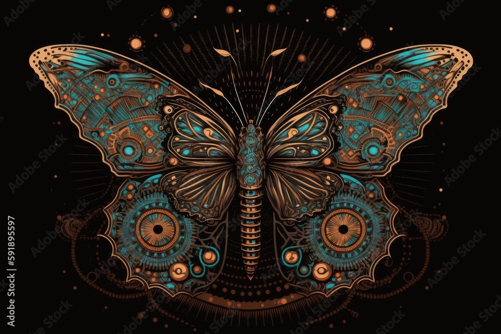 Sticker detailed blue butterfly on a black background. Generative AI