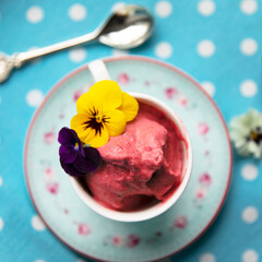 Refreshing ice cream cups with berries, sweet, cold or pink organic sorbet, decorated with pansies in a cup. Top view.