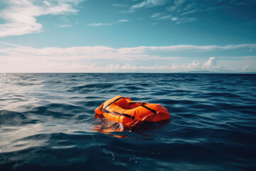 A life jacket floating in the ocean with a cloudy sky in the background. AI generative image.