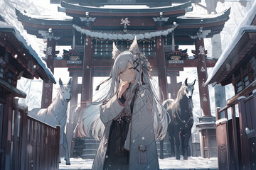 Naklejka premium Anime girl in traditional kimono stand in front of the Torii in winter , illustration generative AI