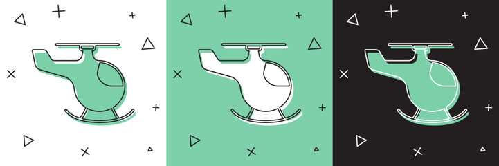 Set Helicopter aircraft vehicle icon isolated on white and green, black background. Vector