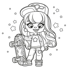 Cute cartoon girl with skateboard and candy outlined for coloring page on white background