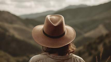Woman travelling photo from behind wearing a beige hat, Instagram style, in mountain area, hiking, holiday, generative AI