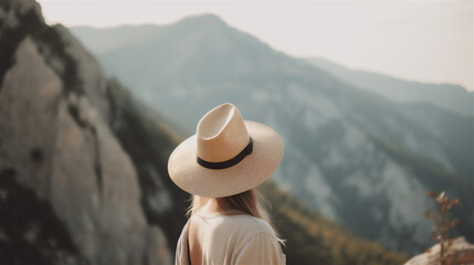 Fototapeta na wymiar Woman travelling photo from behind wearing a beige hat, Instagram style, in mountain area, hiking, holiday, generative AI