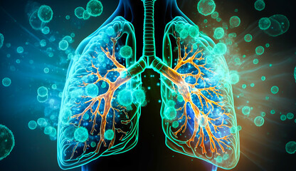 Lung with bacteria inside human body, AI generative