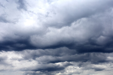 Dark cloudy sky. Gloomy heaven cloudscape. Nature dramatic skyscape background