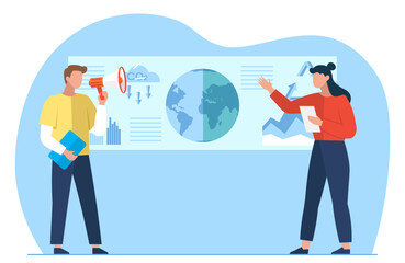 Ecological seminar. Female speaker standing in front of presentation explains state of ecology on planet. Scientific conference on global warming, climate change, environmental , CO2 reduction