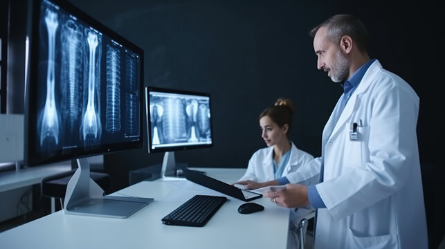 Two doctors looking at x-ray image of lungs in the hospital, Generative AI