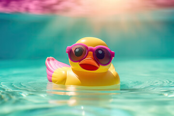 Yellow rubber duck swimming in a pool. Summer holidays concept. Generative AI - obrazy, fototapety, plakaty