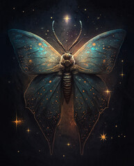 Fantasy moth and stars in midnight sky background. Mystic night butterfly with big wings as concept for Magic Day. Generative AI - 591898350