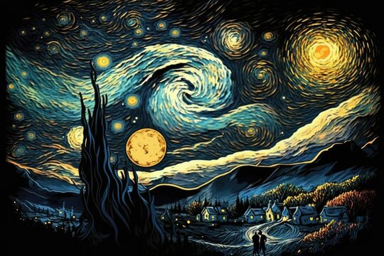 serene night sky with a glowing full moon and twinkling stars. Generative AI