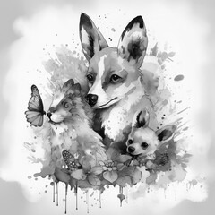 Fox, rabbit, and cub animal watercolor abstract portrait using AI tech