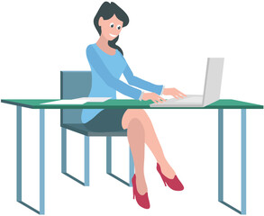 Woman sits at table and works with text on laptop. Female character secretary at workplace is working on pc. Office employee isolated on white background. Businesswoman at desk with computer