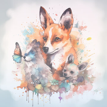Fox, rabbit, and cub animal watercolor abstract portraits with Generative AI illustrations © MD. HABIBUR